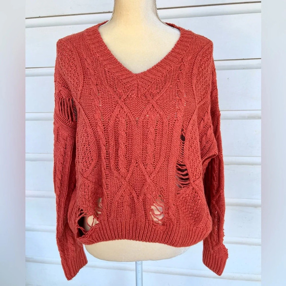 Blue B Woman’s Orange Mid Weight Distressed Knit Acrylic Fall Sweater Size M/L - Picture 2 of 9